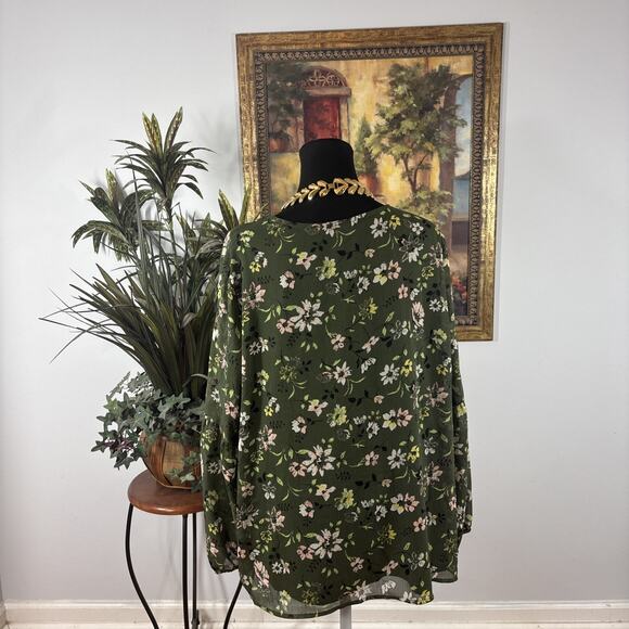 Time & True Floral Blouse 3X/22W Green V-Neck Long Sleeve Lined Plus Size Tunic - Picture 4 of 12